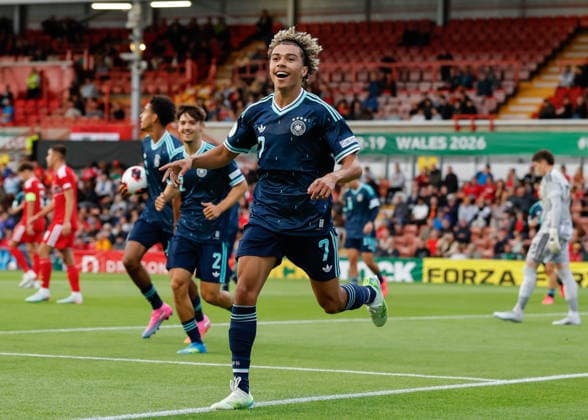 Wrexham, Wales, 1st July 2026. Montrell Culbreath of Germany celebrates scoring their sides second goal during the Wales U19 vs Germany U19 UEFA European U19 Championship match at The Racecourse, Wrexham. Picture credit should read: Cody Froggatt Sportimage EDITORIAL USE ONLY. No use with unauthorised audio, video, data, fixture lists, club league logos or live services. Online in-match use limited to 120 images, no video emulation. No use in betting, games or single club league player publications. SPI_024_CF_WALES_U19_V_GERMANY_U19 SPI-4854-0024