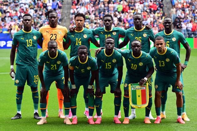 Senegal players pose for a family portrait at the start of a soccer game between Belgian national team, Nationalteam Red Devils and Senegal, on Wednesday 01 July 2026, at the Seattle Field, in Seattle, a 1 16 finals game in the FIFA World Cup, WM, Weltmeisterschaft, Fussball 2026. DIRKxWAEM  x180114508x
