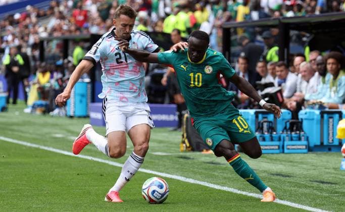 Belgium s Timothy Castagne and Senegal s Sadio Mane pictured in action during a soccer game between Belgian national team, Nationalteam Red Devils and Senegal, on Wednesday 01 July 2026, at the Seattle Field, in Seattle, a 1 16 finals game in the FIFA World Cup, WM, Weltmeisterschaft, Fussball 2026. BRUNOxFAHY  x180114516x