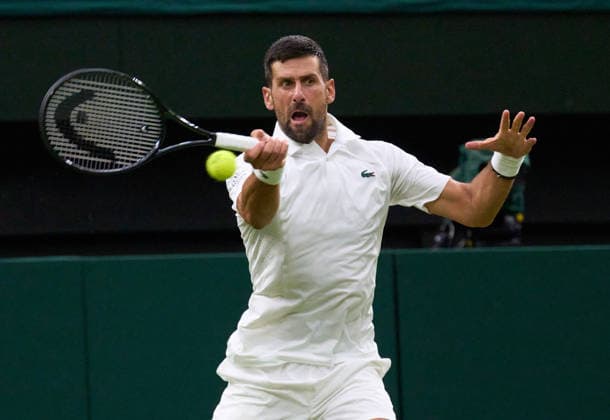 2026 Wimbledon, July 01, Day 3 LONDON, - JULY 1: Novak Djokovic of Serbia plays a shot against Stefanos Tsitsipas of Greece on Centre Court during the 2026 Wimbledon, July 01, Day 3 at The all England club, Wimbledon on July 1, 2026 in London,GBR. London The all England club, Wimbledon GBR Copyright: xPeterxvanxdenxBerg ISIxPhotosx 9441