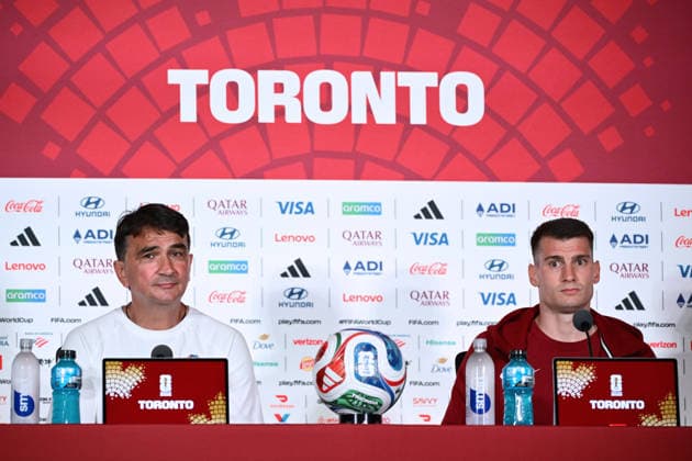 Toronto, Canada, July 26, 2001. BMO Field stadium. press conference, PK, Pressekonferenz with Croatia national football team head coach Zlatko Dalic and Dominik Livakovic the day before the Round of 16 match against Portugal at the FIFA World Cup, WM, Weltmeisterschaft, Fussball Photo: Boris Kovacev CROPIX Copyright: xxBorisxKovacevx hrvatska_press3-010726