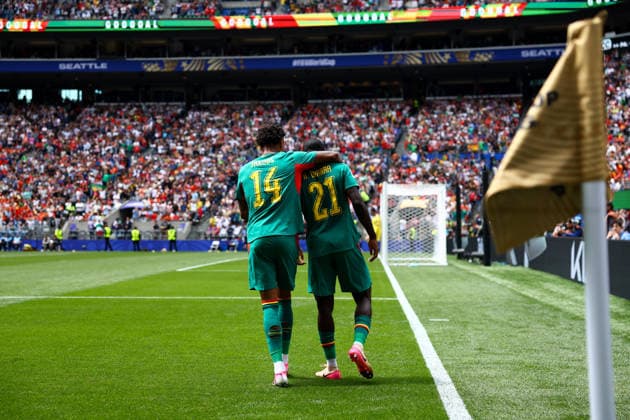 SEATTLE, WA - JULY 01: Defender Ismail Jakobs 14 of Senegal celebrates a goal by teammate midfielder Habib Diarra 21 during the FIFA World Cup, WM, Weltmeisterschaft, Fussball 2026 Round of 32 match between Belgium and Senegal on July 1, 2026 at Seattle Stadium in Seattle, Washington. (Photo by Henry Rodenburg Icon Sportswire) SOCCER: JUL 01 FIFA World Cup 26 Round of 32 - Belgium v Senegal EDITORIAL USE ONLY Icon260701005