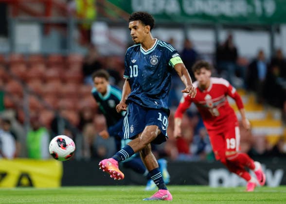 Wrexham, Wales, 1st July 2026. Francis Onyeka of Germany takes a penalty which he misses during the Wales U19 vs Germany U19 UEFA European U19 Championship match at The Racecourse, Wrexham. Picture credit should read: Cody Froggatt Sportimage EDITORIAL USE ONLY. No use with unauthorised audio, video, data, fixture lists, club league logos or live services. Online in-match use limited to 120 images, no video emulation. No use in betting, games or single club league player publications. SPI_033_CF_WALES_U19_V_GERMANY_U19 SPI-4854-0033