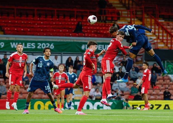 Wrexham, Wales, 1st July 2026. Jykese Fields of Germany scores their sides fourth goal during the Wales U19 vs Germany U19 UEFA European U19 Championship match at The Racecourse, Wrexham. Picture credit should read: Cody Froggatt Sportimage EDITORIAL USE ONLY. No use with unauthorised audio, video, data, fixture lists, club league logos or live services. Online in-match use limited to 120 images, no video emulation. No use in betting, games or single club league player publications. SPI_034_CF_WALES_U19_V_GERMANY_U19 SPI-4854-0034