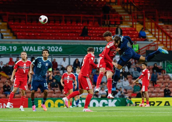 Wrexham, Wales, 1st July 2026. Jykese Fields of Germany scores their sides fourth goal during the Wales U19 vs Germany U19 UEFA European U19 Championship match at The Racecourse, Wrexham. Picture credit should read: Cody Froggatt Sportimage EDITORIAL USE ONLY. No use with unauthorised audio, video, data, fixture lists, club league logos or live services. Online in-match use limited to 120 images, no video emulation. No use in betting, games or single club league player publications. SPI_035_CF_WALES_U19_V_GERMANY_U19 SPI-4854-0035