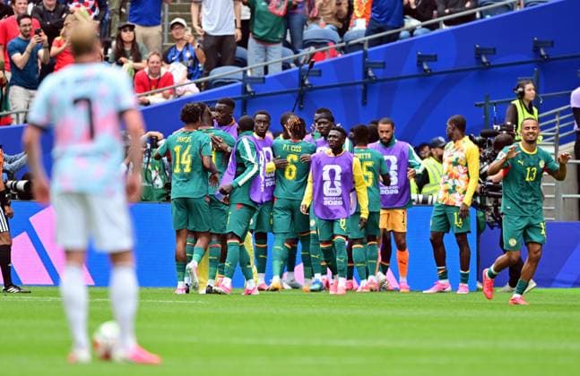 Senegal s players celebrate after scoring during a soccer game between Belgian national team, Nationalteam Red Devils and Senegal, on Wednesday 01 July 2026, at the Seattle Field, in Seattle, a 1 16 finals game in the FIFA World Cup, WM, Weltmeisterschaft, Fussball 2026. DIRKxWAEM  x180122066x