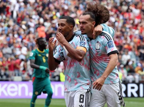 Belgium s Youri Tielemans and Belgium s Arthur Theate celebrate after scoring during a soccer game between Belgian national team, Nationalteam Red Devils and Senegal, on Wednesday 01 July 2026, at the Seattle Field, in Seattle, a 1 16 finals game in the FIFA World Cup, WM, Weltmeisterschaft, Fussball 2026. BRUNOxFAHY  x180122937x