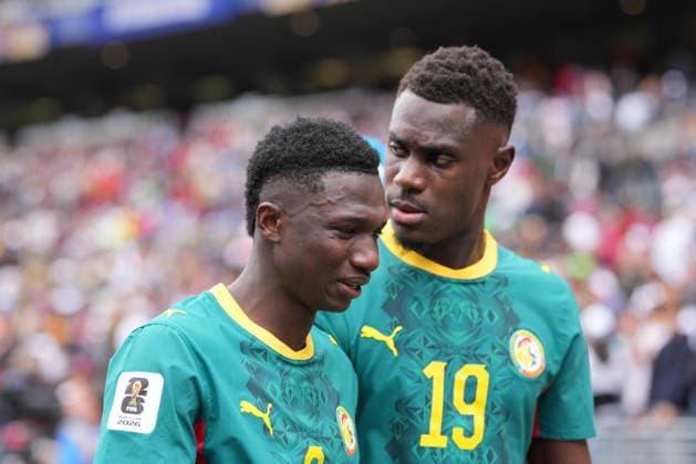 Belgium v Senegal - FIFA World Cup, WM, Weltmeisterschaft, Fussball 2026 - Round of 32 SEATTLE, USA - JULY 01: Lamine Camara (L) of Senegal reacts after the 2026 FIFA World Cup Round of 32 match between Belgium and Senegal at Lumen Field (Seattle Stadium) in Seattle, Washington, United States on July 01, 2026. Ercin Erturk Anadolu Washington United States. Editorial use only. Please get in touch for any other usage.  Copyright: x2026xAnadoluxErcinxErturkx