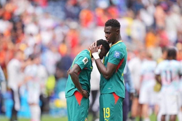 Belgium v Senegal - FIFA World Cup, WM, Weltmeisterschaft, Fussball 2026 - Round of 32 SEATTLE, USA - JULY 01: Lamine Camara (L) and Moussa Niakhate (19) of Senegal react after the 2026 FIFA World Cup Round of 32 match between Belgium and Senegal at Lumen Field (Seattle Stadium) in Seattle, Washington, United States on July 01, 2026. Ercin Erturk Anadolu Washington United States. Editorial use only. Please get in touch for any other usage.  Copyright: x2026xAnadoluxErcinxErturkx