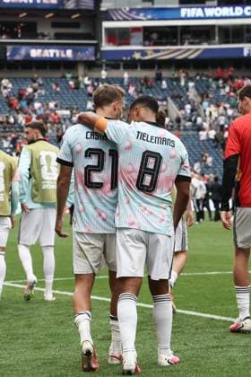Belgium s Timothy Castagne and Belgium s Youri Tielemans celebrate after winning a soccer game between Belgian national team, Nationalteam Red Devils and Senegal, on Wednesday 01 July 2026, at the Seattle Field, in Seattle, a 1 16 finals game in the FIFA World Cup, WM, Weltmeisterschaft, Fussball 2026. BRUNOxFAHY  x180131010x