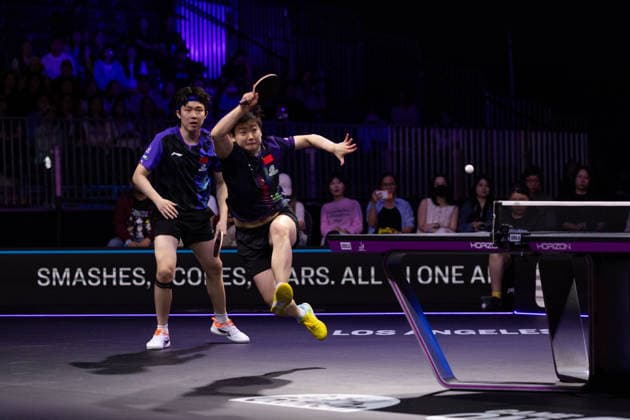 LOS ANGELES, CALIFORNIA - JULY 01: Wang Chuqin and Sun Yingsha of China compete in the Mixed Doubles Quarterfinal match against Alexis Lebrun of France and Satsuki Odo of Japan on day 6 of United States Smash 2026 at Ontario Convention Center on July 1, 2026 in Los Angeles, California.  Copyright: xVCGx 111651741632