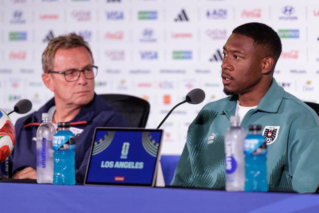 FOOTBALL - FIFA World Cup, WM, Weltmeisterschaft, Fussball 2026 INGLEWOOD,CALIFORNIA,USA,01.JUL.26 - FOOTBALL - FIFA World Cup 2026, round of 32, Spain vs Austria, preview, press conference, PK, Pressekonferenz team AUT. Image shows head coach Ralf Rangnick and David Alaba (AUT).  GEPAxpictures xArminxRauthner