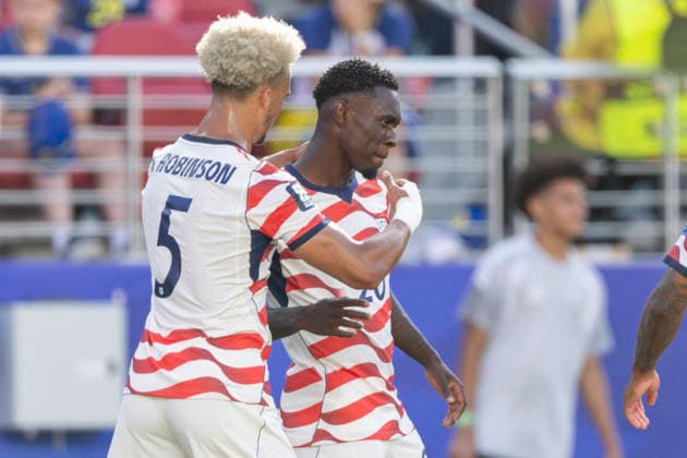 SANTA CLARA, CA - JULY 01: Antonee Robinson 5 of United States of America and Folarin Balogun 20 of United States of America celebrate scoring during the FIFA World Cup, WM, Weltmeisterschaft, Fussball round of 32 match between the United States (USA) and Bosnia and Herzegovina on July 1, 2026 at San Francisco Bay Area Stadium in Santa Clara, CA. (Photo by Bob Kupbens Icon Sportswire) SOCCER: JUL 01 FIFA World Cup 26 Round of 32 - USA v Bosnia and Herzegovina EDITORIAL USE ONLY Icon260701036