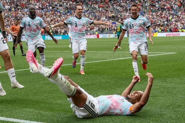 Belgium s Youri Tielemans celebrates after scoring during a soccer game between Belgian national team, Nationalteam Red Devils and Senegal, on Wednesday 01 July 2026, at the Seattle Field, in Seattle, a 1 16 finals game in the FIFA World Cup, WM, Weltmeisterschaft, Fussball 2026. BRUNOxFAHY  x180135575x