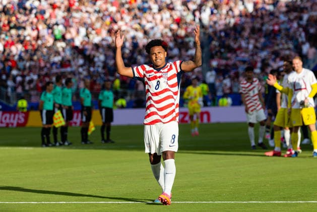 SANTA CLARA, CA - JULY 01: Weston McKennie 8 of United States of America celebrates after a win in the FIFA World Cup, WM, Weltmeisterschaft, Fussball 2026 Round of 32 match between United States of America and Bosnia and Herzegovina on July 1, 2026 at San Francisco Bay Area Stadium in Santa Clara, CA. (Photo by Matthew Huang Icon Sportswire) SOCCER: JUL 01 FIFA World Cup 26 Round of 32 - USA v Bosnia and Herzegovina EDITORIAL USE ONLY Icon260701059