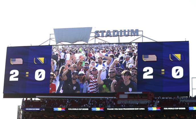 . - United States Of America v Bosnia and Herzegovina, FIFA World Cup, WM, Weltmeisterschaft, Fussball 2026, Round Of 32, Levi Stadium, San Francisco Stadium, Santa Clara, California, USA, 1st July 2026. DC Photos Crystal Pix Levi™s Stadium branding covered up by FIFA . - United States Of America v Bosnia and Herzegovina, FiFA World Cup 2026, Round Of 32, Levi Stadium, San Francisco Stadium, Santa Clara, California, USA, 1st July 2026. DC Photos Crystal Pix Santa Clara San Francisco Stadium United States Of America Copyright: xDCxPhotosx CP_United_States_Bosnia_010726_DC_35