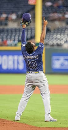 JULY 1, 2026: Tampa Bay Rays third baseman Junior Caminero (13) celebrates after the game against the Kansas City Royals at Kauffman Stadium in Kansas City, MO. CSM MLB, Baseball Herren, USA 2026: Rays Vs Royals Jul 1st  - ZUMAc04_ 20260701_zma_c04_047 Copyright: xRomanxPunox