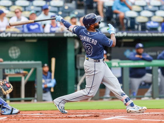 JULY 1, 2026: Tampa Bay Rays third baseman Junior Caminero (13) hits a home run in the 1st inning against the Kansas City Royals at Kauffman Stadium in Kansas City, MO. CSM MLB, Baseball Herren, USA 2026: Rays Vs Royals Jul 1st  - ZUMAc04_ 20260701_zma_c04_038 Copyright: xRomanxPunox
