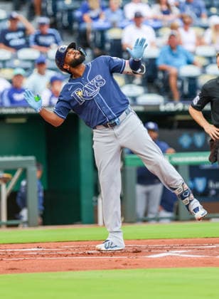 JULY 1, 2026: Tampa Bay Rays third baseman Junior Caminero (13) celebrates at home plate at Kauffman Stadium in Kansas City, MO. CSM MLB, Baseball Herren, USA 2026: Rays Vs Royals Jul 1st  - ZUMAc04_ 20260701_zma_c04_031 Copyright: xRomanxPunox