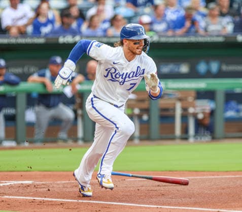 JULY 1, 2026: Kansas City Royals shortstop Bobby Witt Jr. (7) hits a single in the 1st inning against the Tampa Bay Rays at Kauffman Stadium in Kansas City, MO. CSM MLB, Baseball Herren, USA 2026: Rays Vs Royals Jul 1st  - ZUMAc04_ 20260701_zma_c04_022 Copyright: xRomanxPunox
