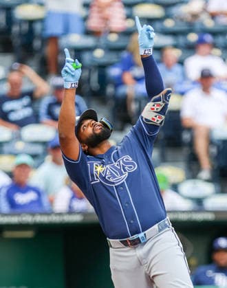JULY 1, 2026: Tampa Bay Rays third baseman Junior Caminero (13) celebrates at home plate at Kauffman Stadium in Kansas City, MO. CSM MLB, Baseball Herren, USA 2026: Rays Vs Royals Jul 1st  - ZUMAc04_ 20260701_zma_c04_023 Copyright: xRomanxPunox