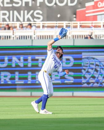 JULY 1, 2026: Kansas City Royals outfielder Jac Caglianone (14) catches a fly ball in the 2nd inning against the Tampa Bay Rays at Kauffman Stadium in Kansas City, MO. CSM MLB, Baseball Herren, USA 2026: Rays Vs Royals Jul 1st  - ZUMAc04_ 20260701_zma_c04_025 Copyright: xRomanxPunox