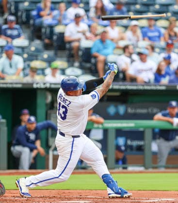 JULY 1, 2026: Kansas City Royals catcher Salvador Perez (13) loses his bat during his at bat in the 1st inning against the Tampa Bay Rays at Kauffman Stadium in Kansas City, MO. CSM MLB, Baseball Herren, USA 2026: Rays Vs Royals Jul 1st  - ZUMAc04_ 20260701_zma_c04_019 Copyright: xRomanxPunox