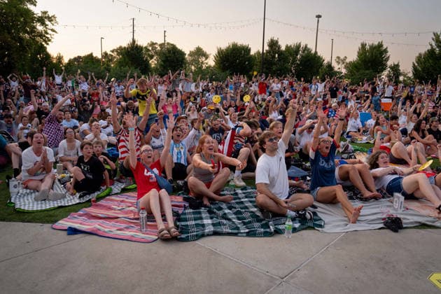 July 1, 2026, Nashville, Tennessee, USA: Fans react to a goal by the USA while watching a broadcast of the FIFA World Cup, WM, Weltmeisterschaft, Fussball Round of 32 match between the USA and Bosnia during a watch party at Geodis Park. FIFA World Cup Reaction: USA VS. Bosnia  - ZUMAh237 20260701_zsp_h237_003 Copyright: xCamdenxHallx