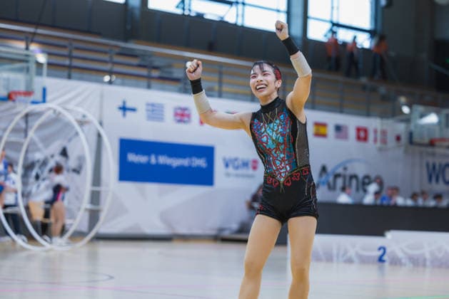 Wheel Gymnastics World Championships 2026 Rhönrad Weltmeisterschaft 2026 in der Sparkassen Arena Göttingen. Deutschland, Göttingen am 01. Juli 2026: Tag eins der Weltmeisterschaft in Rhönrad mit über 250 Athletinnen und Athleten aus 17 Nationen. Miho Yamada aus der Japan freut sich über eine klasse Turnen beim Gym Wheel Senior All Around Semi-Finals Woman (Frauen Halbfinal der Rhönrad turnen) in der Geradeturnen Disziplin (Straight-line). *** 2026 World Championships in Wheel Gymnastics: 2026 Rhönrad World Championships at the Sparkassen Arena in Göttingen, Germany, Göttingen on July 1, 2026—Day one of the World Championships in wheel gymnastics, featuring over 250 athletes from 17 nations. Miho Yamada from Japan is delighted with her outstanding performance in the Women’s Senior All-Around Semifinals of the wheel gymnastics competition at the Straight Line Gymnastics Discipline