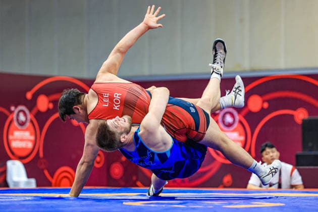 U20 Wrestling Asian Championships 2026 97kg GR - Maxim Ukraintsev (KAZ) df. Jaehyuk Lee (KOR) *** 2026 U20 Asian Wrestling Championships, 97kg Greco-Roman: Maxim Ukraintsev (KAZ) defeated Jaehyuk Lee (KOR) by fall Copyright: xKadirxCaliskanx xUnitedxWorldxWrx Kadir Caliskan United World Wr