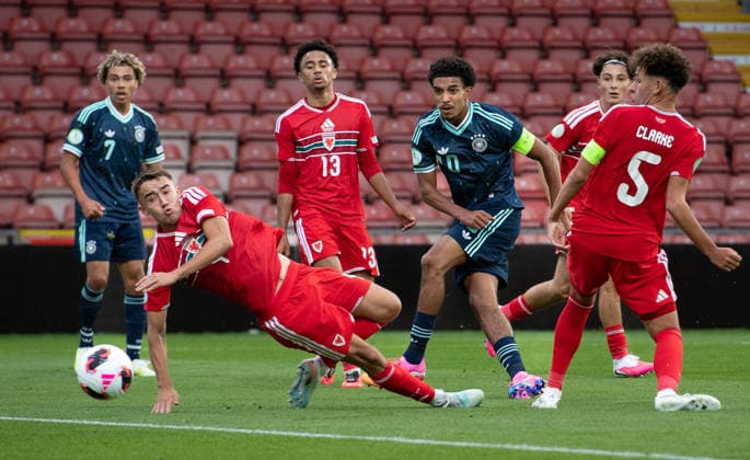 Football - 2026 UEFA European Under-19 Championship (U19 Euros) - Group A: Wales vs. Germany - SToK Cae Ras (Racecourse Ground) - Wednesday 1st July 2026 Germany U19 captain Francis Onyeka scores his teams opening goal in their 4-0 win over Wales COLORSPORT BARRY MITCHELL 