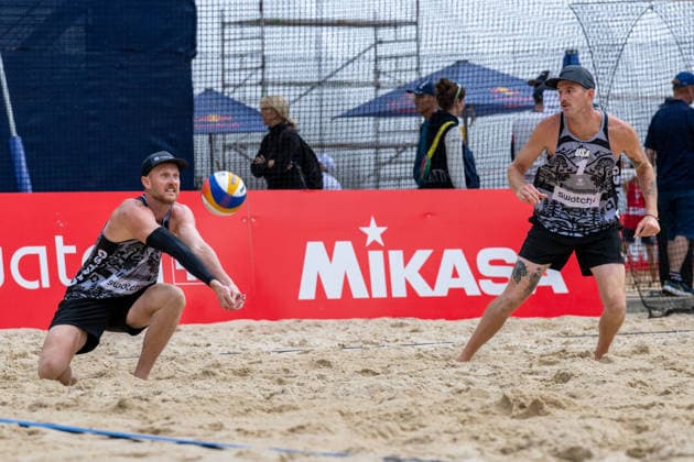 GSTAAD, SWITZERLAND - JULY 1: Cody Caldwell (Player No. 1, USA); Chaim Schalk (Player No. 2, USA) during the Beach Pro Tour - Elite 16 at Gstaad on July 1, 2026 in Gstaad, Switzerland. Switzerland Copyright: xPeterxWeberx