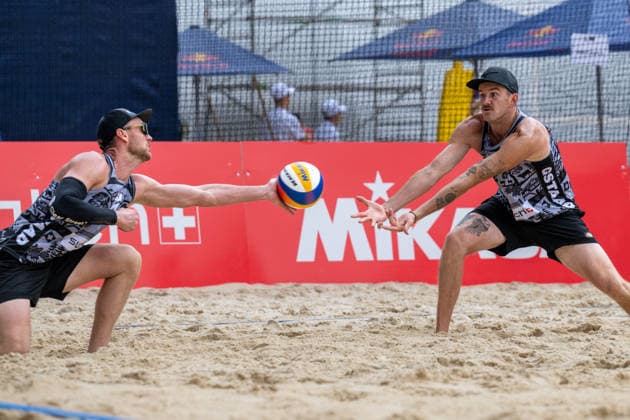 GSTAAD, SWITZERLAND - JULY 1: Chaim Schalk (Player No. 2, USA); Cody Caldwell (Player No. 1, USA) during the Beach Pro Tour - Elite 16 at Gstaad on July 1, 2026 in Gstaad, Switzerland. Switzerland Copyright: xPeterxWeberx