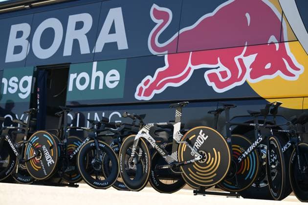 The time trial bike of Belgian Remco Evenepoel of Red Bull-BORA-hansgrohe pictured before a training ahead of the 2026 Tour de France cycling race, Thursday 02 July 2026, in Barcelona, Spain. The 113th edition of the Tour de France starts on Saturday 4 July in Barcelona, Spain, and will finish in Paris, France on the 26th of July. DAVIDxPINTENS  x180150735x