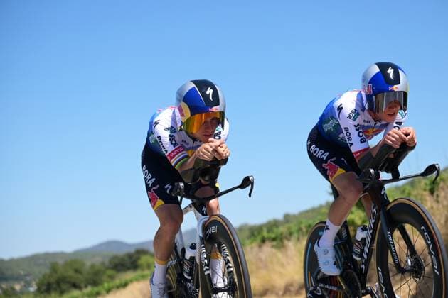 Belgian Remco Evenepoel of Red Bull-BORA-hansgrohe and Belgian Maxim Van Gils of Red Bull-BORA-hansgrohe pictured in action during a time trial training ahead of the 2026 Tour de France cycling race, Thursday 02 July 2026, in Barcelona, Spain. The 113th edition of the Tour de France starts on Saturday 4 July in Barcelona, Spain, and will finish in Paris, France on the 26th of July. DAVIDxPINTENS  x180156202x
