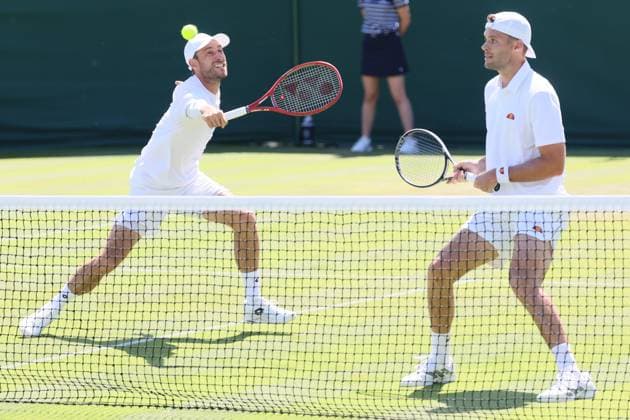 Belgian Sander Gille and Dutch Sem Verbeek pictured at a first round game between Indian-Brazilian pair Balaji-Demoliner and Belgian-Dutch pair Gille-Verbeek in the Men s doubles at the Wimbledon grand slam tennis tournament in London, Britain, Thursday 02 July 2026. BENOITxDOPPAGNE  x180160064x