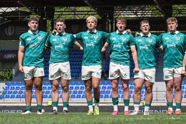 2026 World Rugby Junior World Championship, WM, Weltmeisterschaft Pool C, Avchala Rugby Stadium, Tbilisi, Georgia 2 7 2026 Argentina vs Ireland A view of the Ireland team during the anthems A view of the Ireland team during the anthems 2 7 2026  Copyright: xLevanxVerdzeulix LZ9_5454
