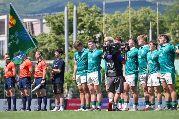 2026 World Rugby Junior World Championship, WM, Weltmeisterschaft Pool C, Avchala Rugby Stadium, Tbilisi, Georgia 2 7 2026 Argentina vs Ireland A view of the Ireland team during the anthems A view of the Ireland team during the anthems 2 7 2026  Copyright: xLevanxVerdzeulix LZ9_5478