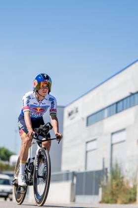 Belgian Remco Evenepoel of Red Bull-BORA-hansgrohe with his new Time Trial bike during a training ahead of the 2026 Tour de France cycling race, Thursday 02 July 2026, in Barcelona, Spain. The 113th edition of the Tour de France starts on Saturday 4 July in Barcelona, Spain, and will finish in Paris, France on the 26th of July. JASPERxJACOBS  x180165394x
