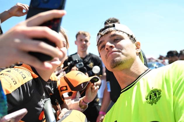 RECORD DATE NOT STATED 2nd July 2026; Silverstone Circuit, Northamptonshire, England; FIA Formula 1 2026 British F1 Grand Prix; Arrivals Day; Lando Norris of McLaren poses for photos with fans on arrival at Silverstone SimonxWest