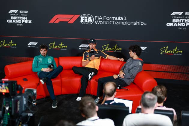F1 - BRITISH GRAND PRIX 2026 press conference, PK, Pressekonferenz STROLL Lance (can), Aston Martin F1 Team Honda AMR26, NORRIS Lando (gbr), McLaren F1 Team MCL40, BORTOLETO Gabriel (bra), Audi F1 Team R26, portrait during the Formula 1 British Grand Prix 2026, 9th round of the 2026 Formula One World Championship, WM, Weltmeisterschaft from July 3 to 5, 2026 on the Silverstone Circuit, in Silverstone, United Kingdom - SilverstoneUnited Kingdom  Copyright: xFLORENTxGOODENx