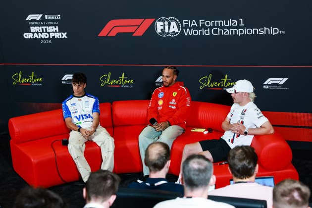 F1 - BRITISH GRAND PRIX 2026 press conference, PK, Pressekonferenz LINDBLAD Arvid (gbr), Visa Cash App RB F1 Team VCARB03, HAMILTON Lewis (gbr), Scuderia Ferrari SF-26, BOTTAS Valtteri (fin), Cadillac F1 Team MAC-26, portrait during the Formula 1 British Grand Prix 2026, 9th round of the 2026 Formula One World Championship, WM, Weltmeisterschaft from July 3 to 5, 2026 on the Silverstone Circuit, in Silverstone, United Kingdom - SilverstoneUnited Kingdom  Copyright: xFLORENTxGOODENx