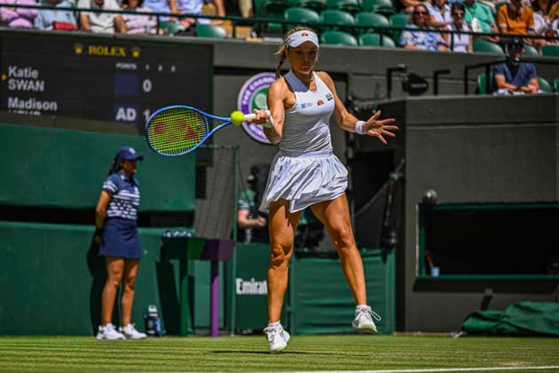 RECORD DATE NOT STATED 2nd July 2026; All England Lawn Tennis and Croquet Club, London, England; Wimbledon Tennis Tournament, Day Four; Katie Swan (GBR) plays a forehand in her second round match against Madison Keys (USA) GodfreyxPitt