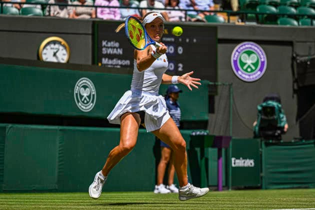 RECORD DATE NOT STATED 2nd July 2026; All England Lawn Tennis and Croquet Club, London, England; Wimbledon Tennis Tournament, Day Four; Katie Swan (GBR) plays a forehand in her second round match against Madison Keys (USA) GodfreyxPitt