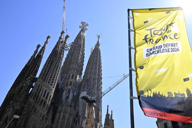 A banner hands near the Sagrada Familia, ahead of the 2026 Tour de France cycling race, Thursday 02 July 2026, in Barcelona, Spain. The 113th edition of the Tour de France starts on Saturday 4 July in Barcelona, Spain, and will finish in Paris, France on the 26th of July. JASPERxJACOBS  x180177112x