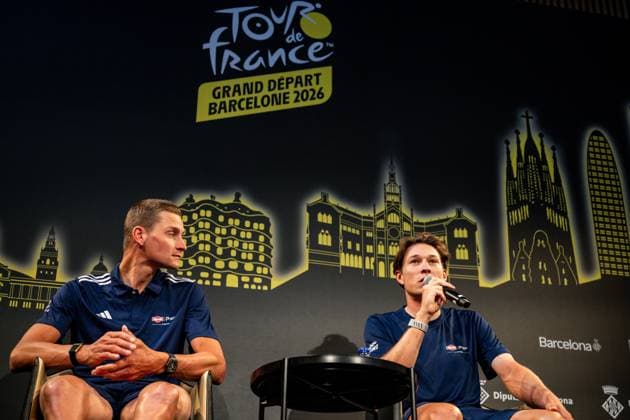 Dutch Mathieu van der Poel and Belgian Jasper Philipsen of Alpecin-Premier Tech pictured during a press conference, PK, Pressekonferenz ahead of the 2026 Tour de France cycling race, Thursday 02 July 2026, in Barcelona, Spain. The 113th edition of the Tour de France starts on Saturday 4 July in Barcelona, Spain, and will finish in Paris, France on the 26th of July. DAVIDxPINTENS  x180181021x