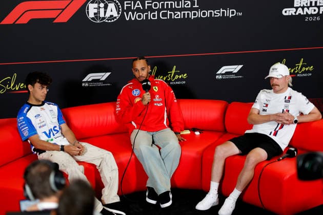 F1 - BRITISH GRAND PRIX 2026 HAMILTON Lewis (gbr), Scuderia Ferrari SF-26, portrait, LINDBLAD Arvid (gbr), Visa Cash App RB F1 Team VCARB03, portrait, BOTTAS Valtteri (fin), Cadillac F1 Team MAC-26, portrait press conference, PK, Pressekonferenz during the Formula 1 British Grand Prix 2026, 9th round of the 2026 Formula One World Championship, WM, Weltmeisterschaft from July 3 to 5, 2026 on the Silverstone Circuit, in Silverstone, United Kingdom - SilverstoneUnited Kingdom  Copyright: xPauloxMariax