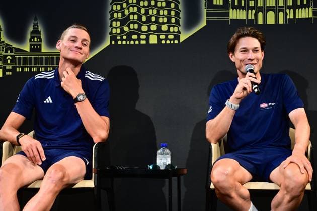 Tour de France 2026 Media Activities 02 07 2026 BARCELONA, SPAIN - JULY 02 : Philipsen Jasper (BEL) of Alpecin Premier Tech, Van Der Poel Mathieu (NED) of Alpecin Premier Tech speaking with the media during a press conference, PK, Pressekonferenz prior to the 113rd edition of Tour de France 2026, on July 2, 2026 in Barcelona, Spain, 02 07 2026 Barcelona Spain  Copyright: xPeterxDexVoechtx