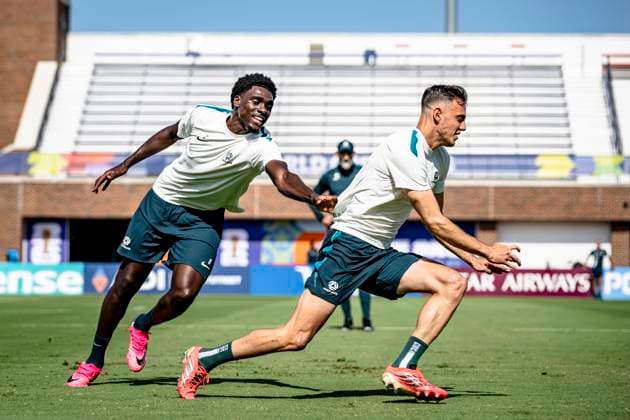 DALLAS - (lr) Awer Mabil of Australia and Paul Okon Engstler of Australia during the 2026 World Cup, training for Australia at Washburne Soccer and Track Stadium on July 2, 2026 in Dallas, United States. (Photo by Stefan Koops EYE4IMAGES DeFodi Images) - *** DALLAS — Awer Mabil of Australia and Paul Okon Engstler of Australia, during the 2026 World Cup, training for Australia at Washburne Soccer and Track Stadium on July 2, 2026, in Dallas, United States. Photo by Stefan Koops, EYE4IMAGES, DeFodi Images