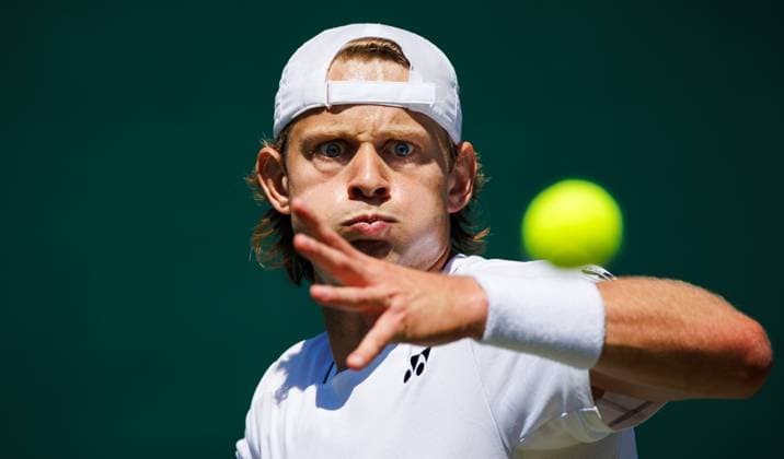 Belgian Zizou Bergs pictured in action during a tennis match against Portuguese Faria, in the second round of the Men s singles at the Wimbledon grand slam tennis tournament in London, Britain, Thursday 02 July 2026. BENOITxDOPPAGNE  x180183383x